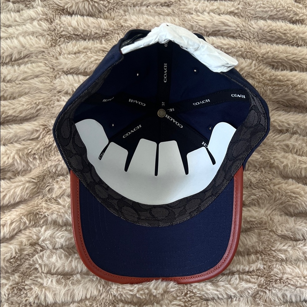 NWOT Coach Navy Leather Strap Hat Cap Unisex Adjustable Logo - Picture 2 of 3